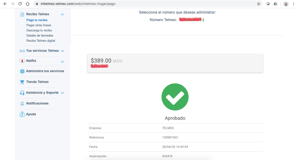 confirmacion pago telmex en linea