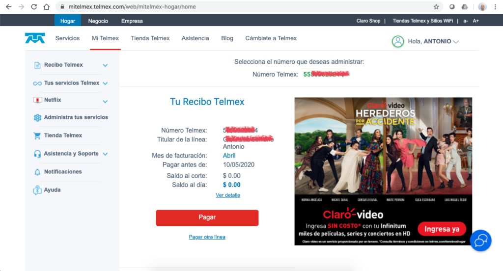 nuevo saldo recibo telmex en linea